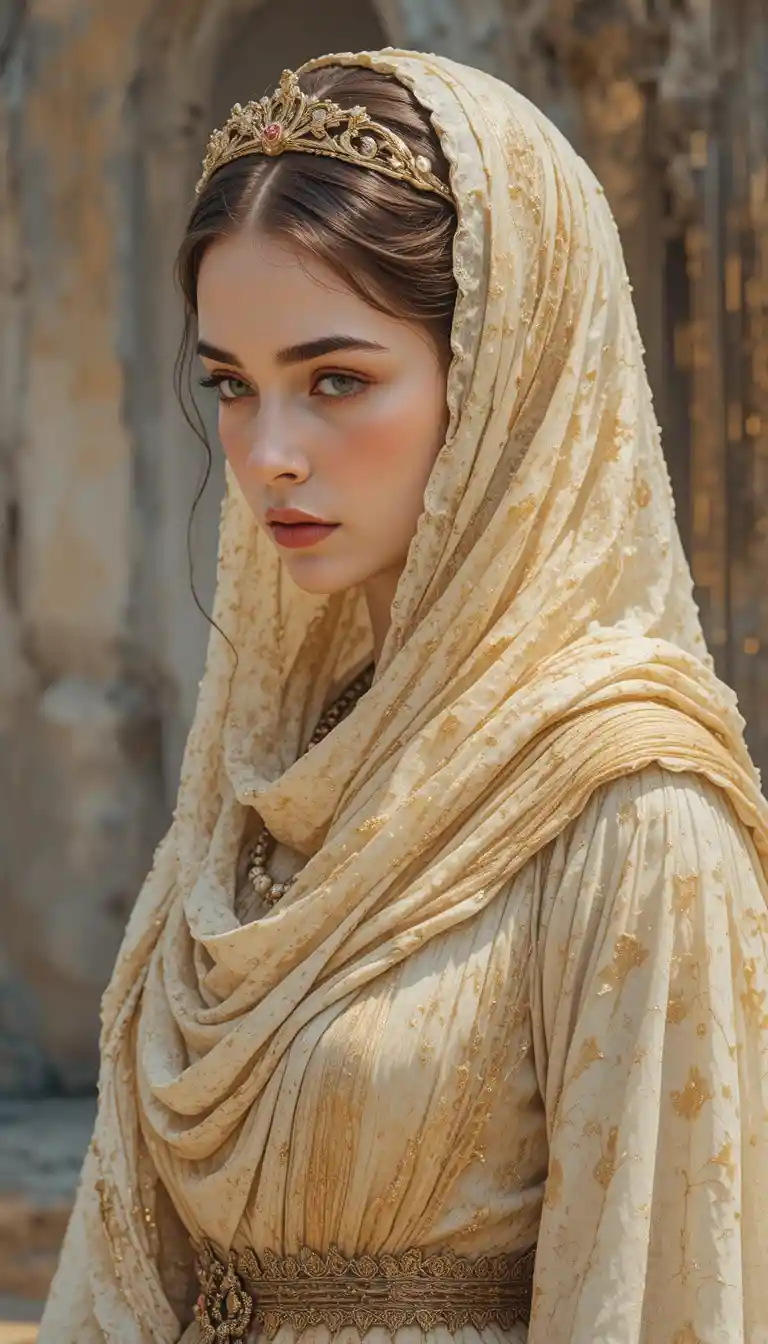 Ancient Mediterranean queen in sea silk scarf watercolor portrait