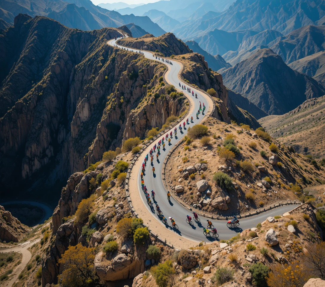 Cyclists Climb A Winding Mountain Road From Above