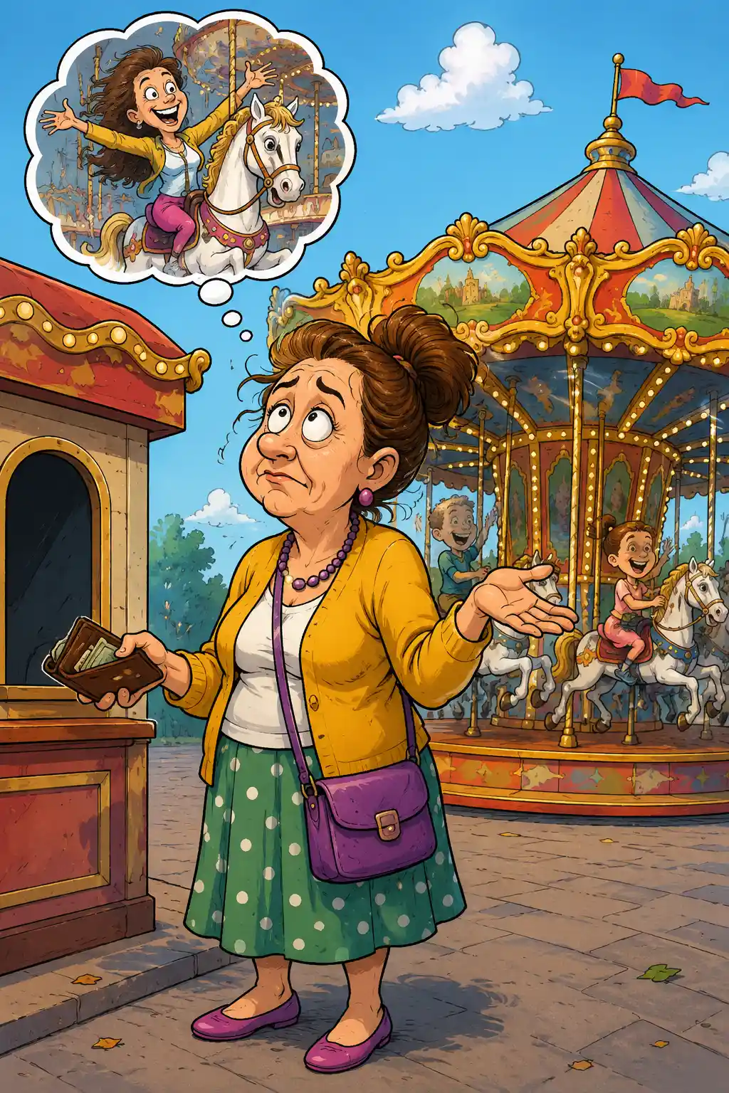Cartoon comic style woman in humorous bittersweet scene