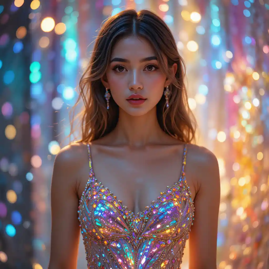 Close up woman in shimmering rainbow crystal dress