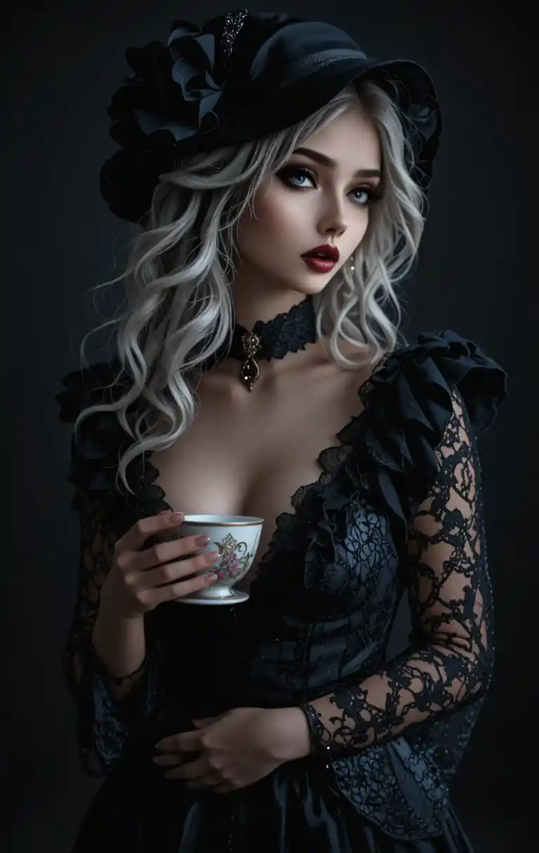 Mysterious Grey Haired Woman In Black Satin Holding Teacup