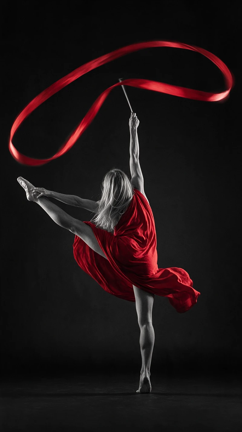 Acrobatic woman balancing en pointe with flowing red ribbon