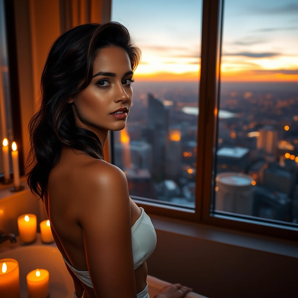 Serene Woman In Candlelit Bathroom With City View