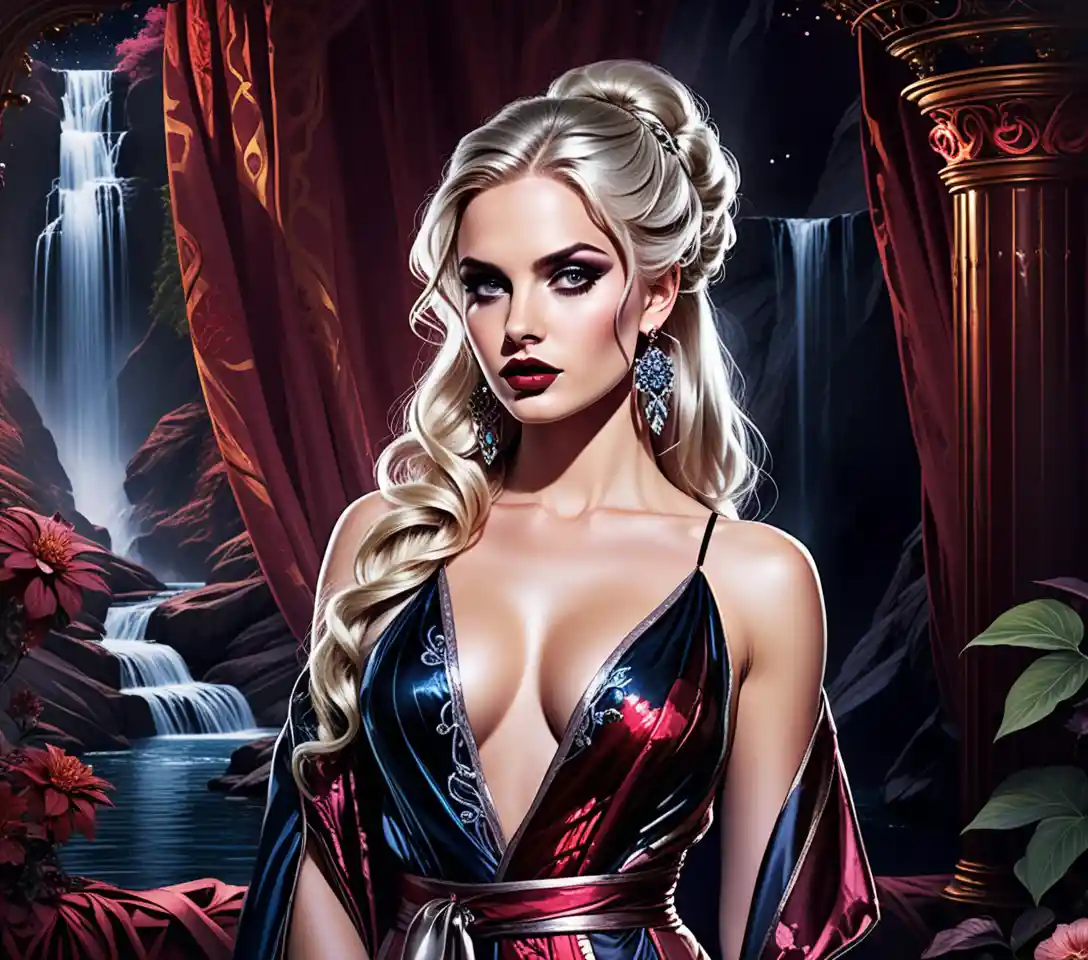 Blonde woman in celestial robe in mystical solarium