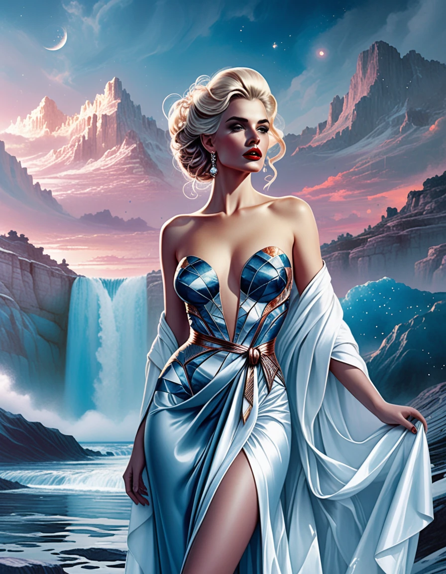 Blonde woman in jeweled silk robe at twilight solarium