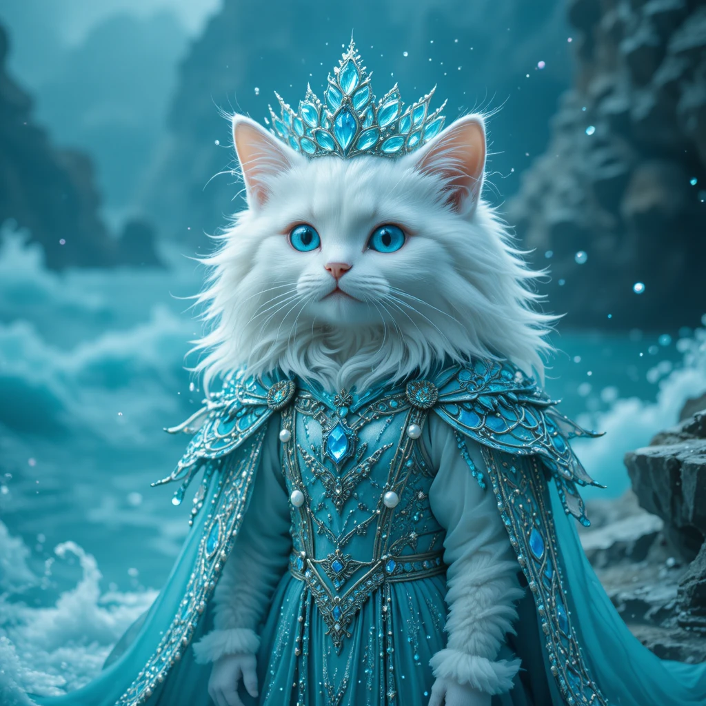 Majestic white cat water king beside a turquoise ocean
