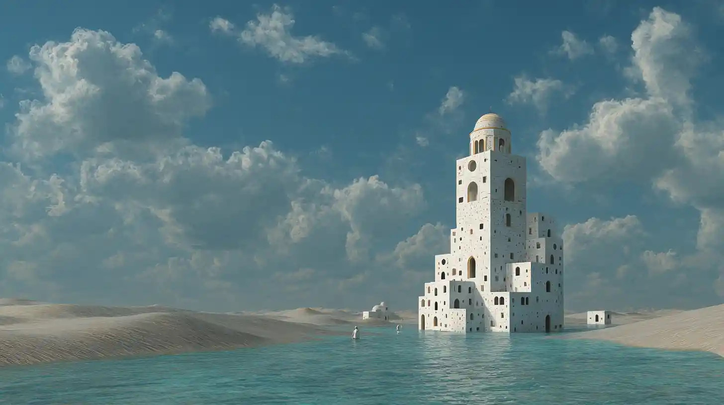 Surreal Vision Of The Drowned Library Of Atlantis At Night