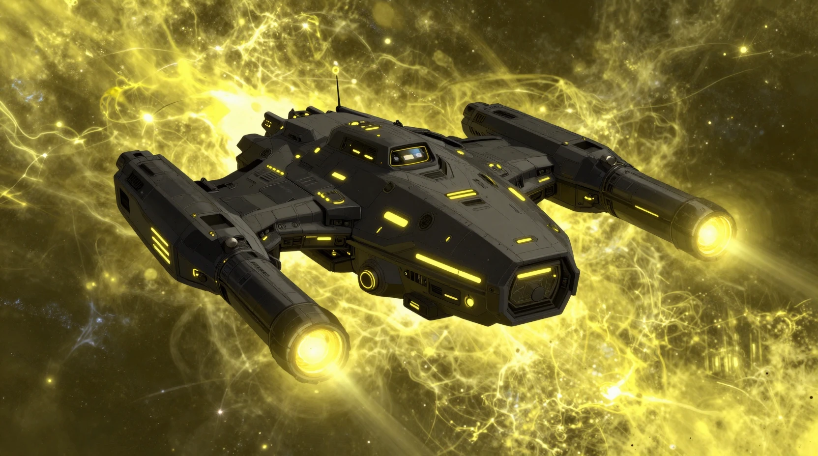 Massive sci fi starship glowing with yellow neon in space
