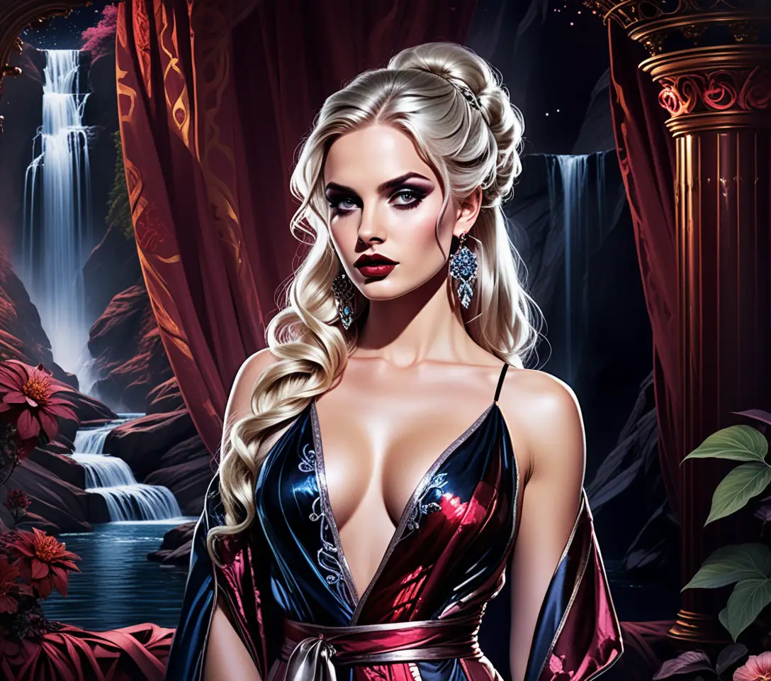Blonde woman in celestial robe in mystical solarium