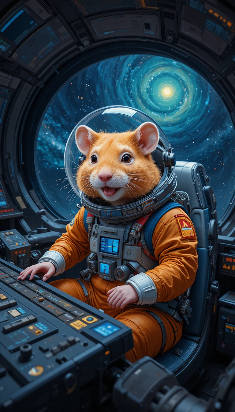 Happy hamster captain in a sci fi spaceship cockpit