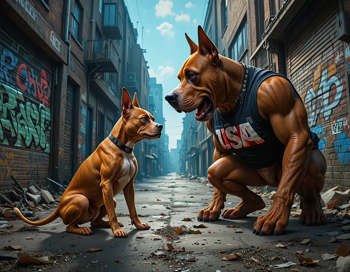 Small snarling terrier facing cowering german shepherd