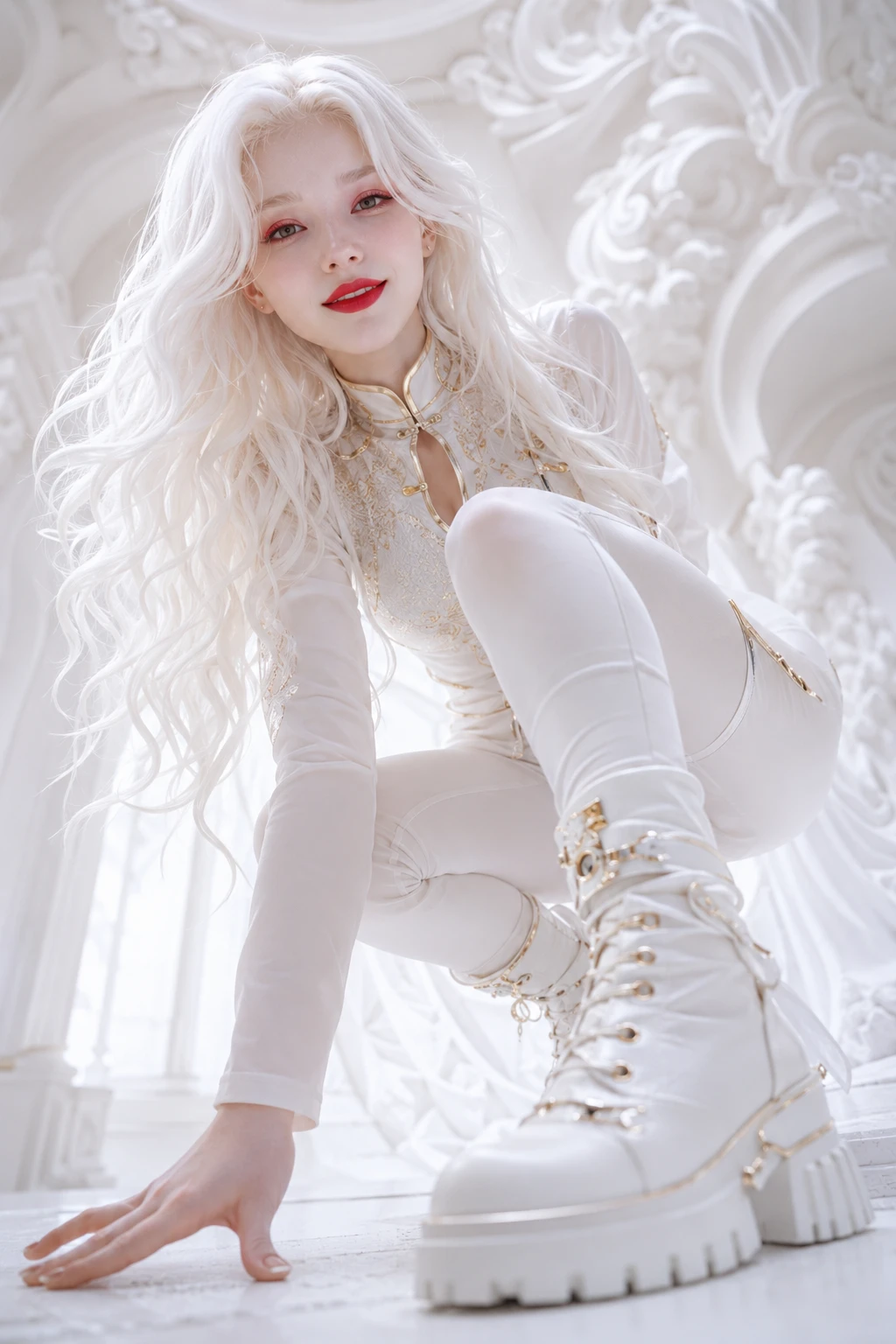 Albino woman in white outfit from a low angle