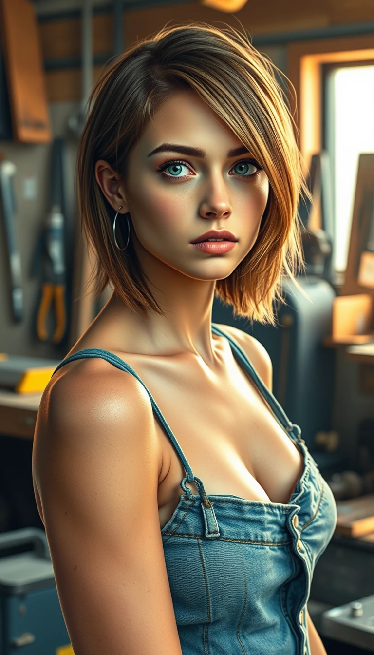 Confident young woman in overalls standing in a workshop