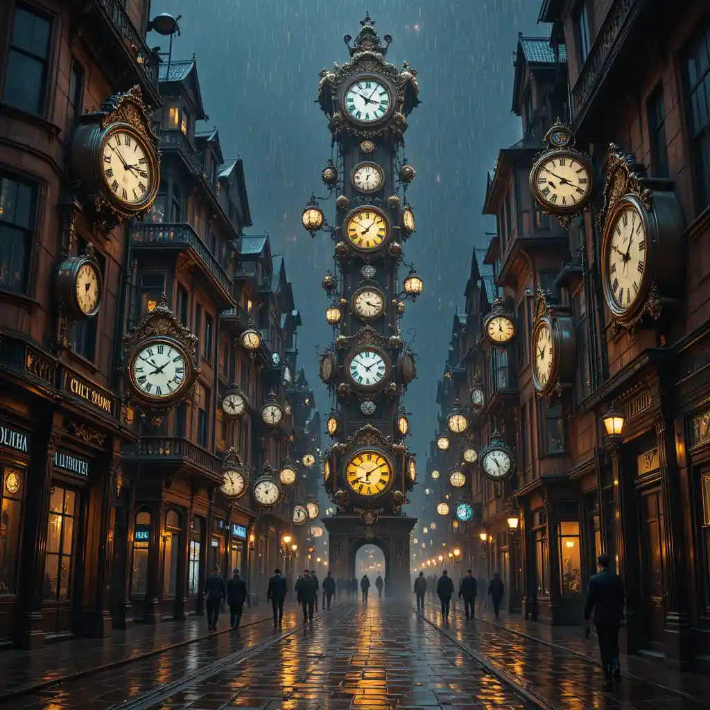 Surreal city of towering clocks glowing over wet dark streets