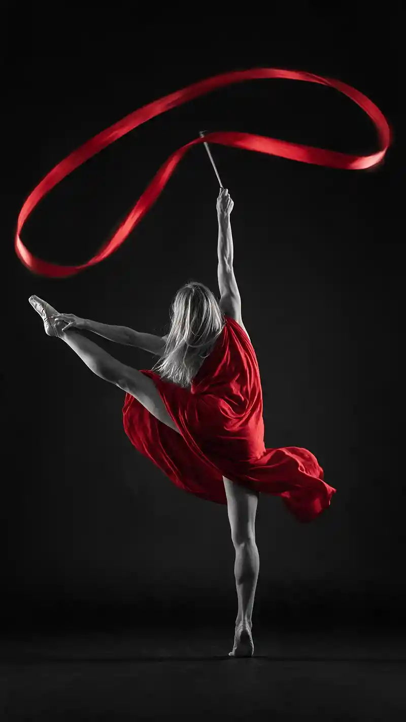 Acrobatic woman balancing en pointe with flowing red ribbon