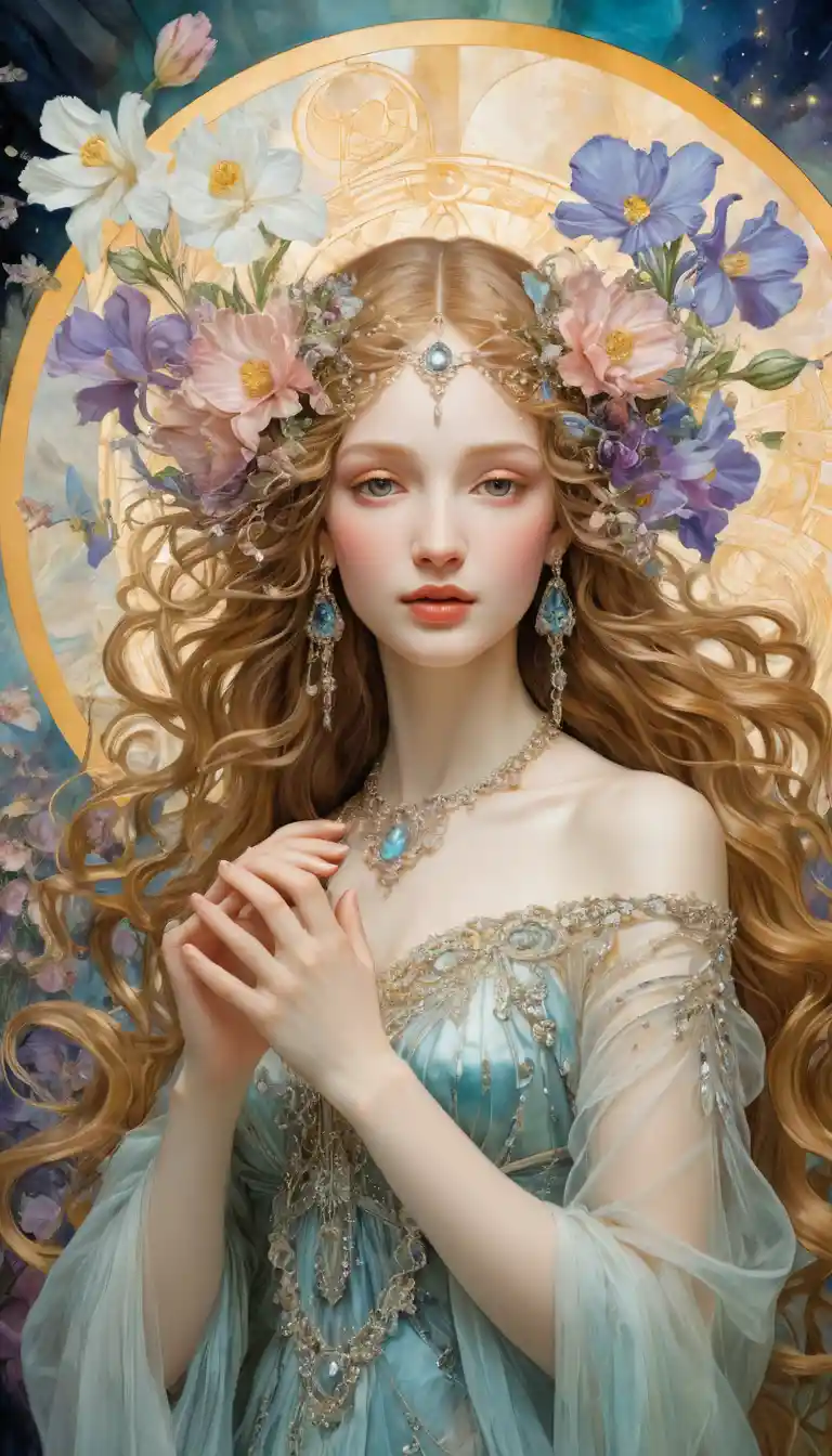 Romantic luminous fantasy landscape filled with blissful flowers