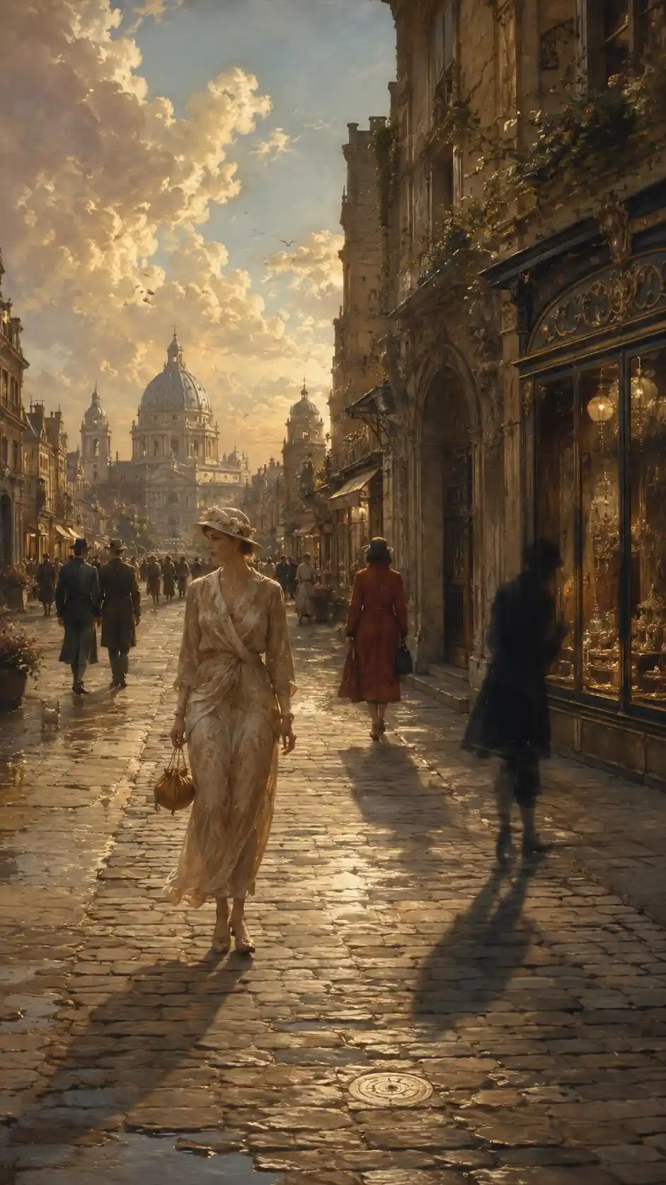 Elegant woman walking alone on a sunlit European street