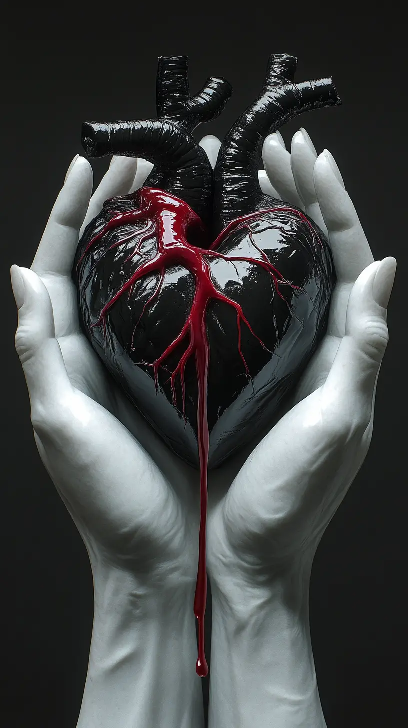 Marble hands forming a heart around a dark bleeding heart