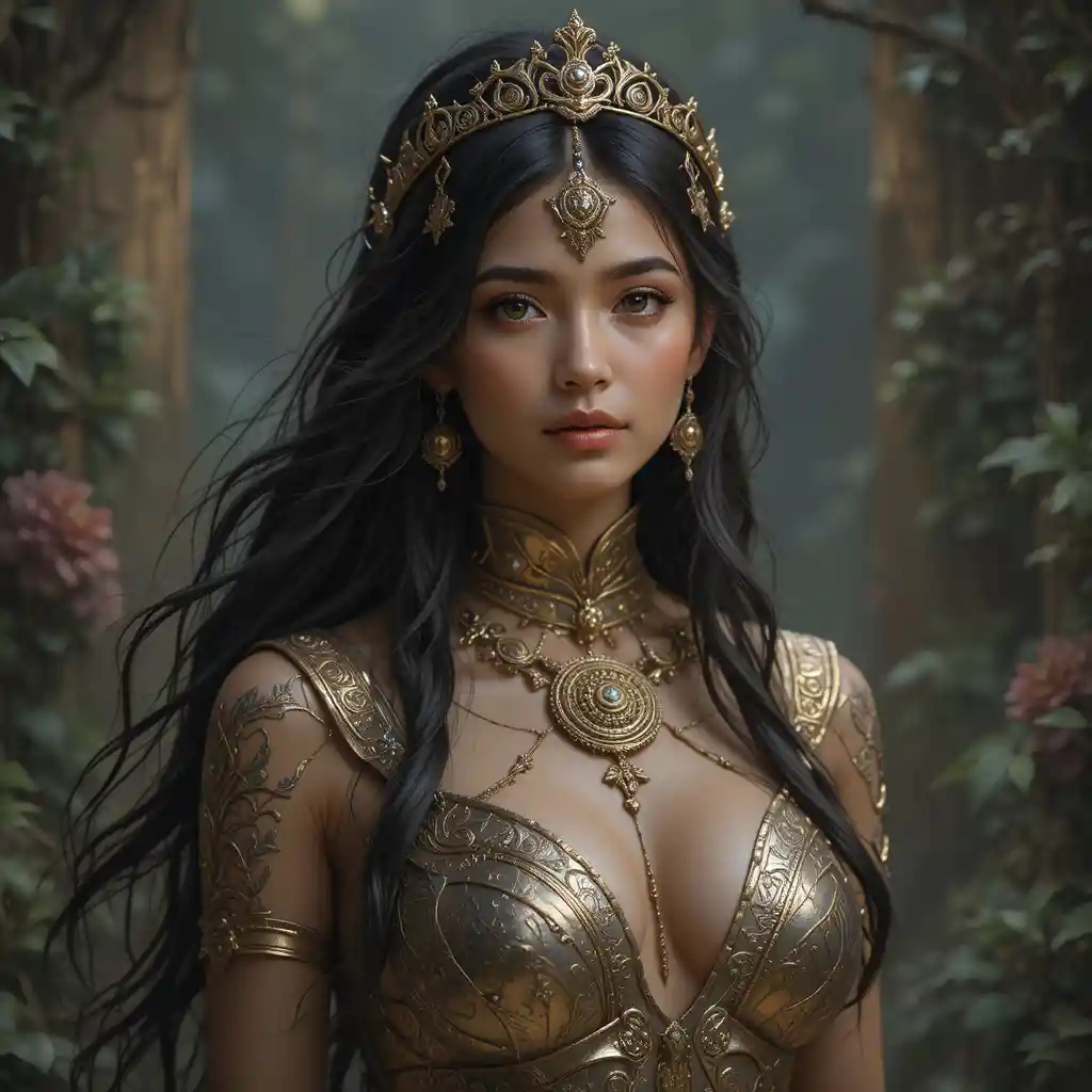 身穿閃耀冒險服的奇幻女子置身猴子樹之中