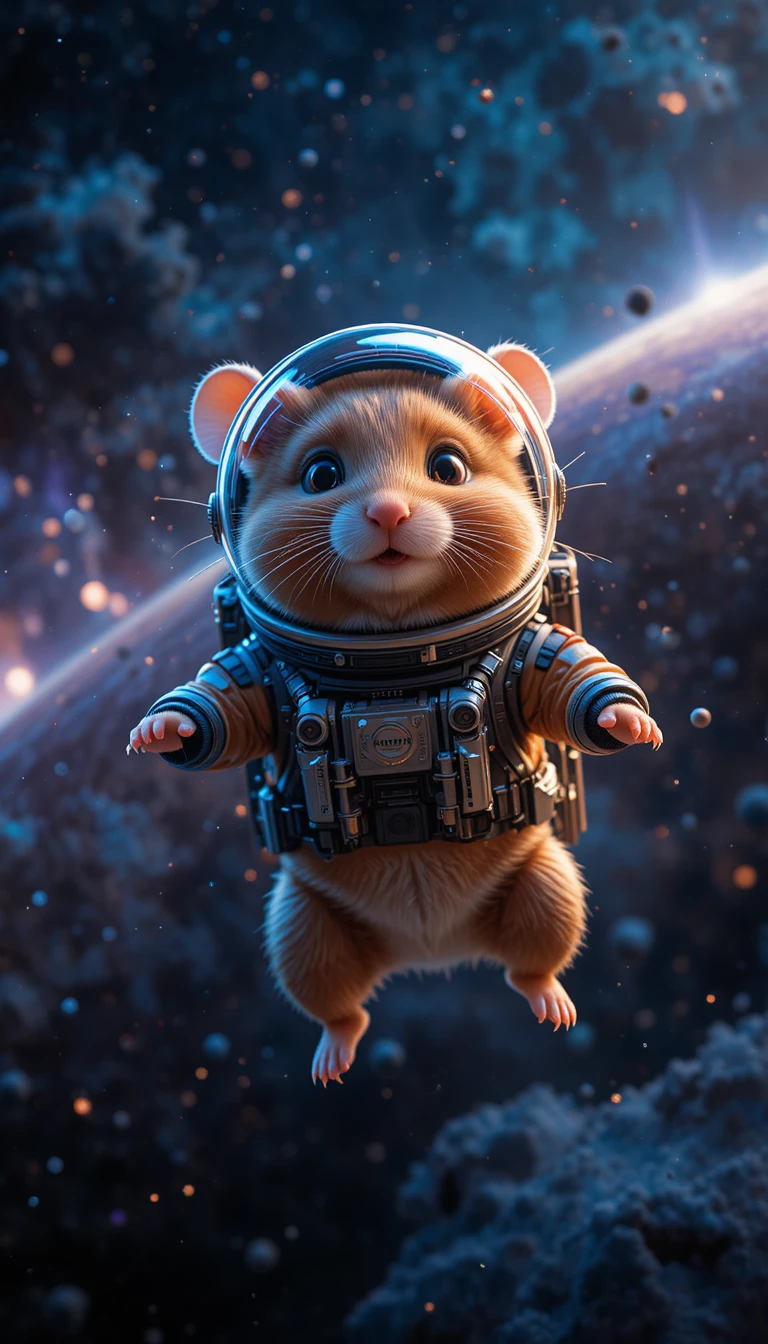 Cute hamster captain in a sci fi spacesuit flying through space