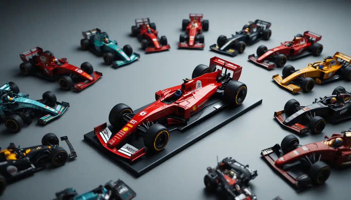 High angle studio shot of formula 1 model car collection