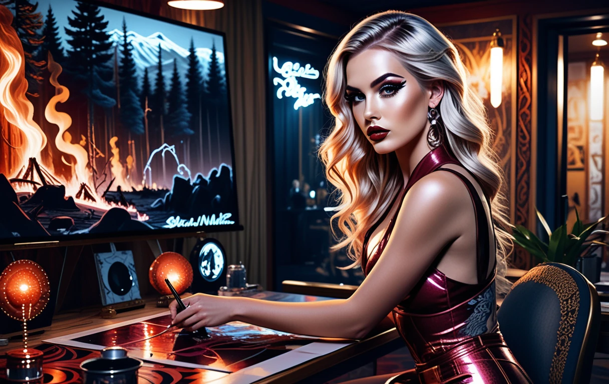 Blonde painter in neon studio working on forest fire canvas