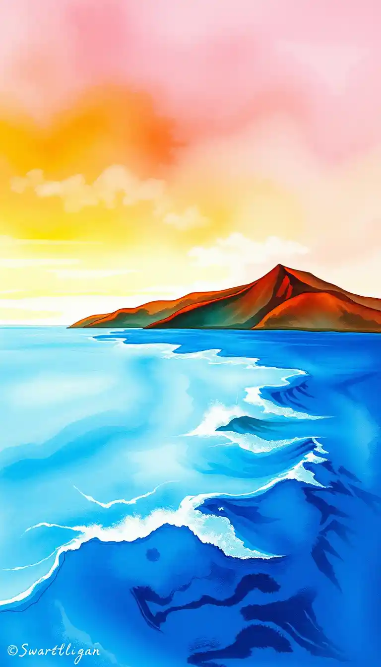 Abstract watercolor hills meeting a stormy ocean scene