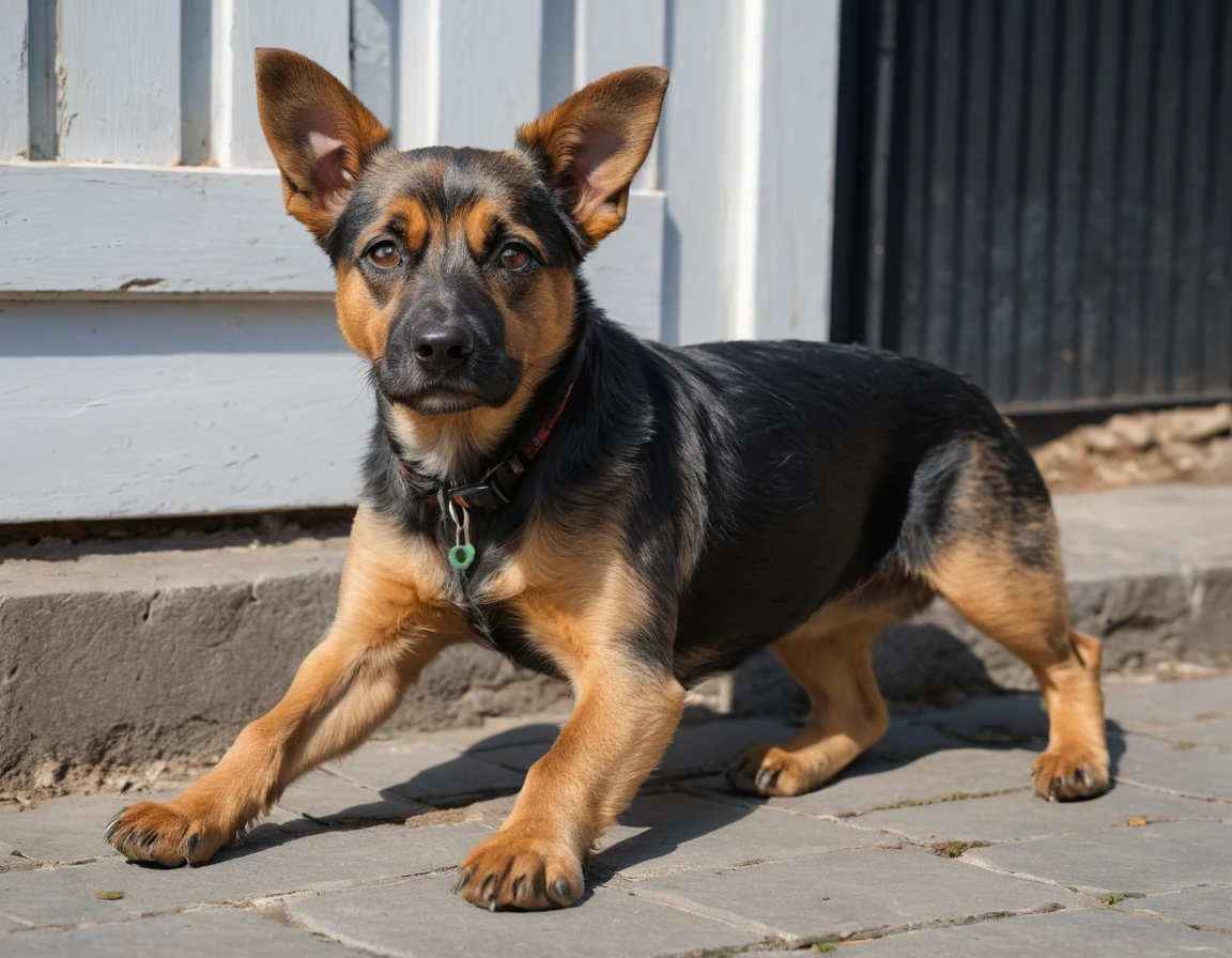 Snarling terrier confronts larger dog in dark alley