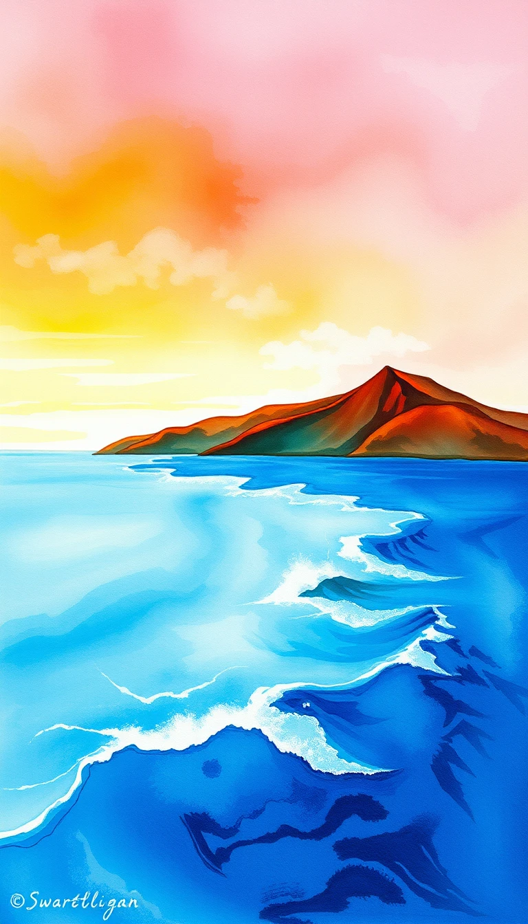 Abstract watercolor hills meeting a stormy ocean scene