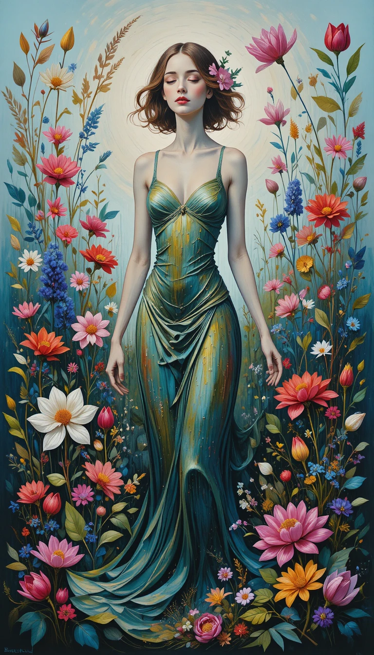 Woman in a floral garden touching foliage in semi figurative painting