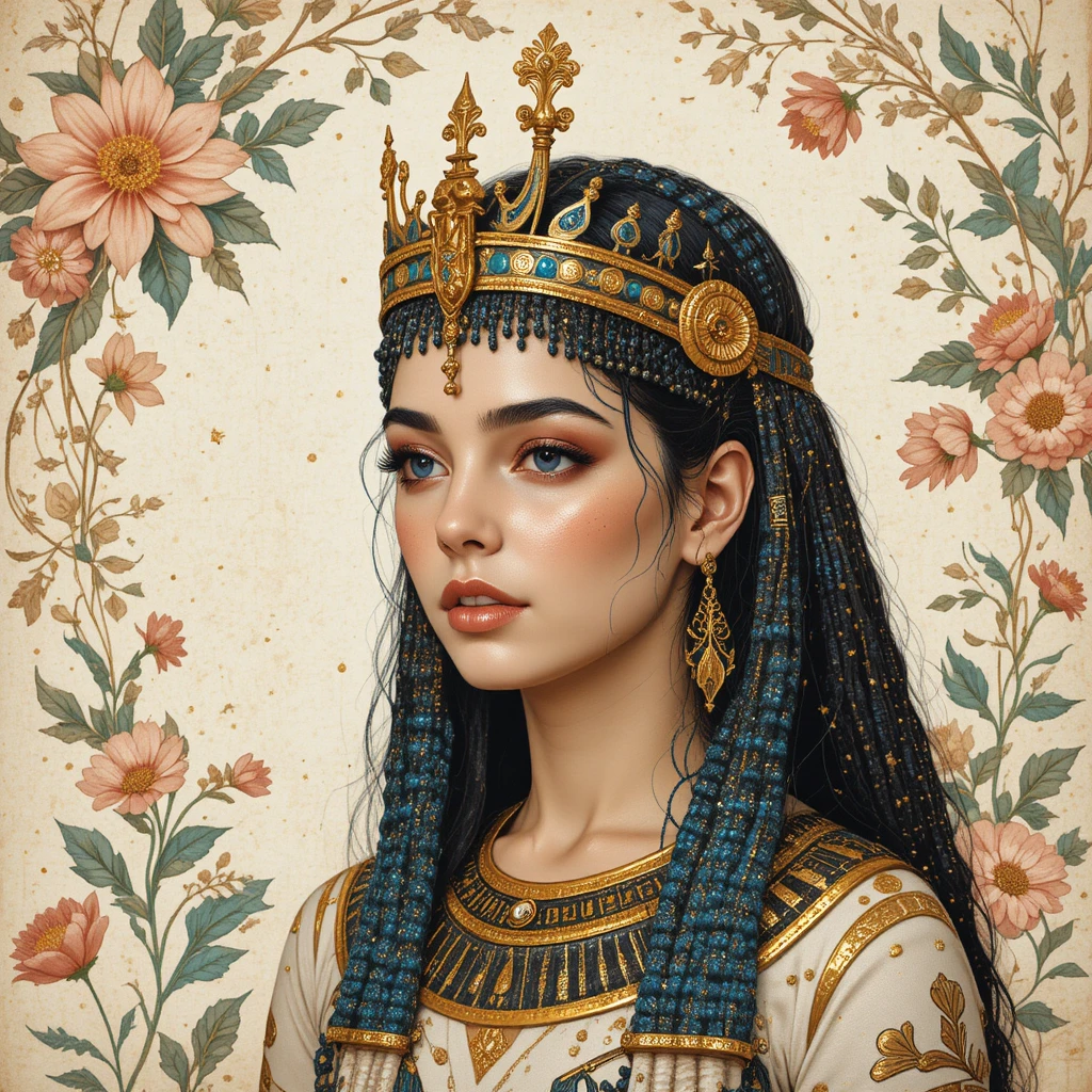 Regina dell’Antico Egitto con sfondo floreale glitterato e corona