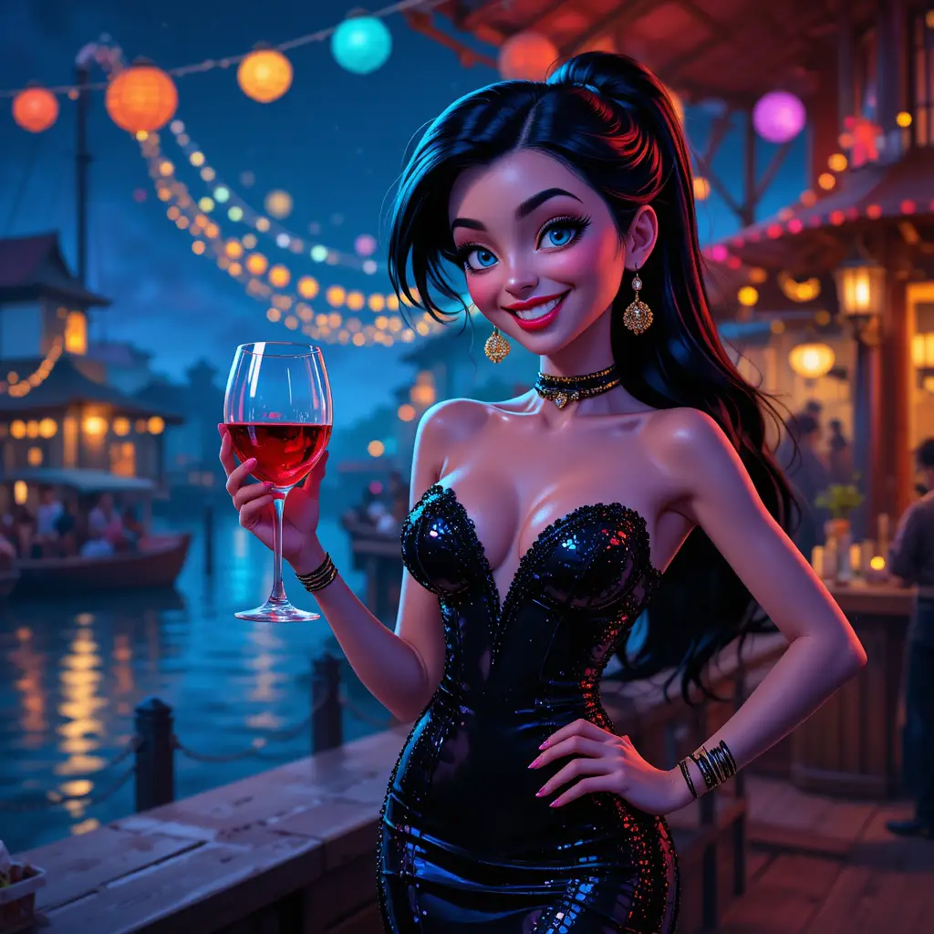 Confident vampire woman toasting at a colorful dockside party
