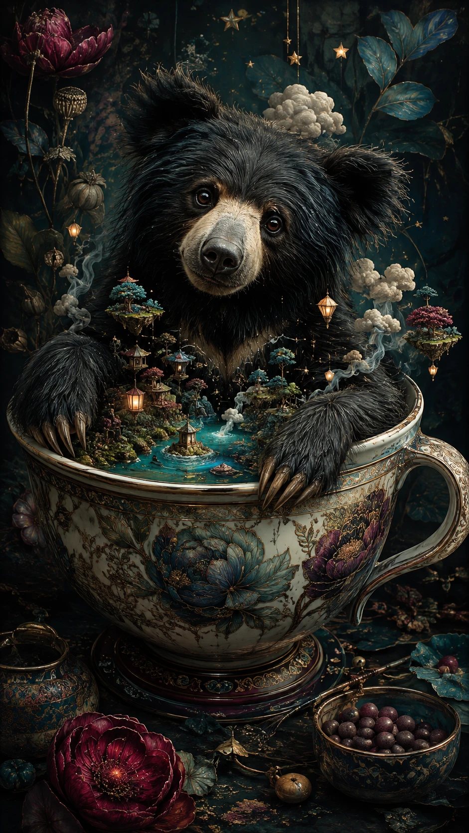 Adorabile orso labiato rannicchiato in una raffinata tazza di porcellana