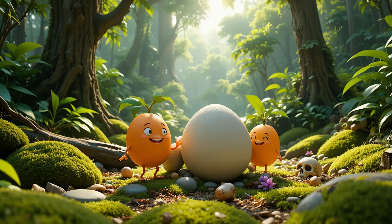 Cartoon jungle fruits exploring mysterious stone eggs