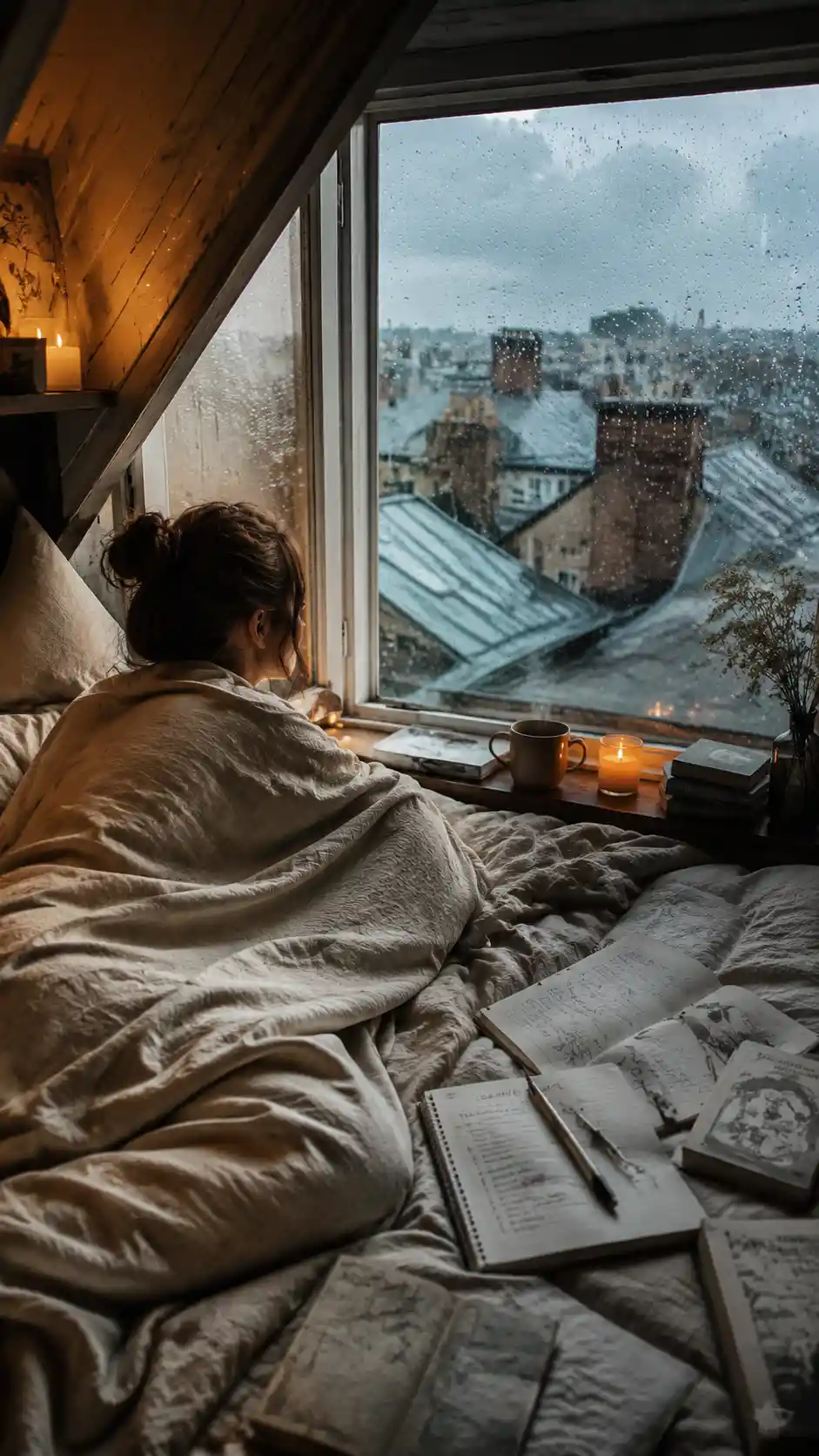 Woman resting in cozy attic bedroom during summer rain
