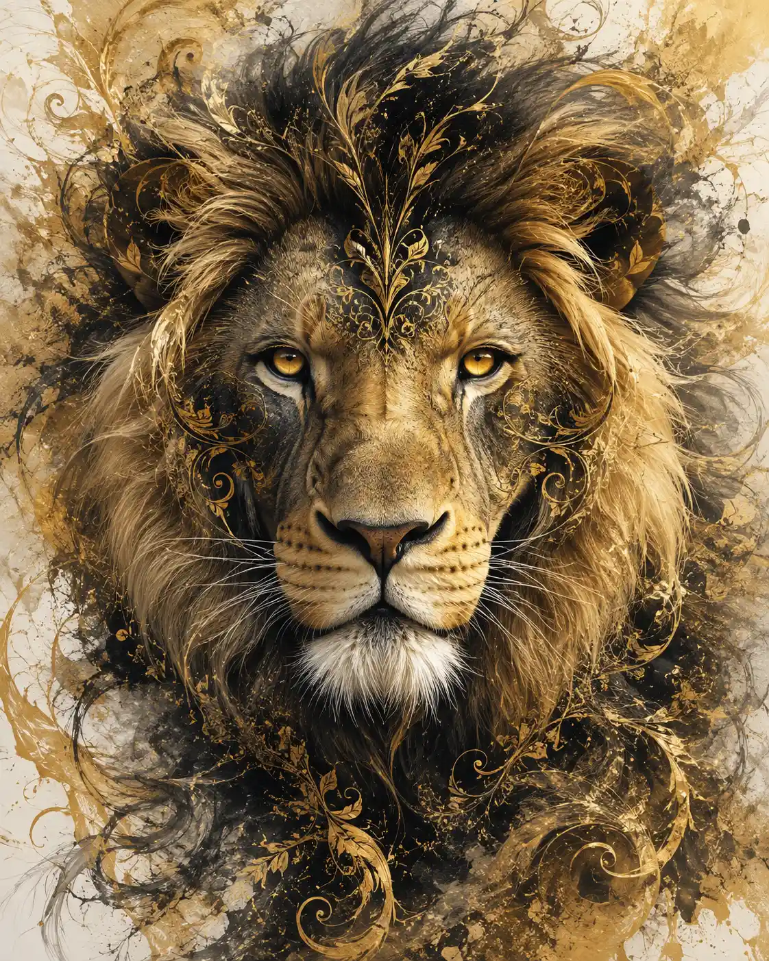 Majestic male lion face with delicate gold fantasy patterns