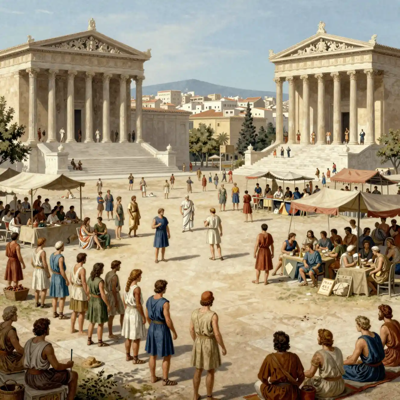 Ancient Greek Athens agora with citizens in daily life