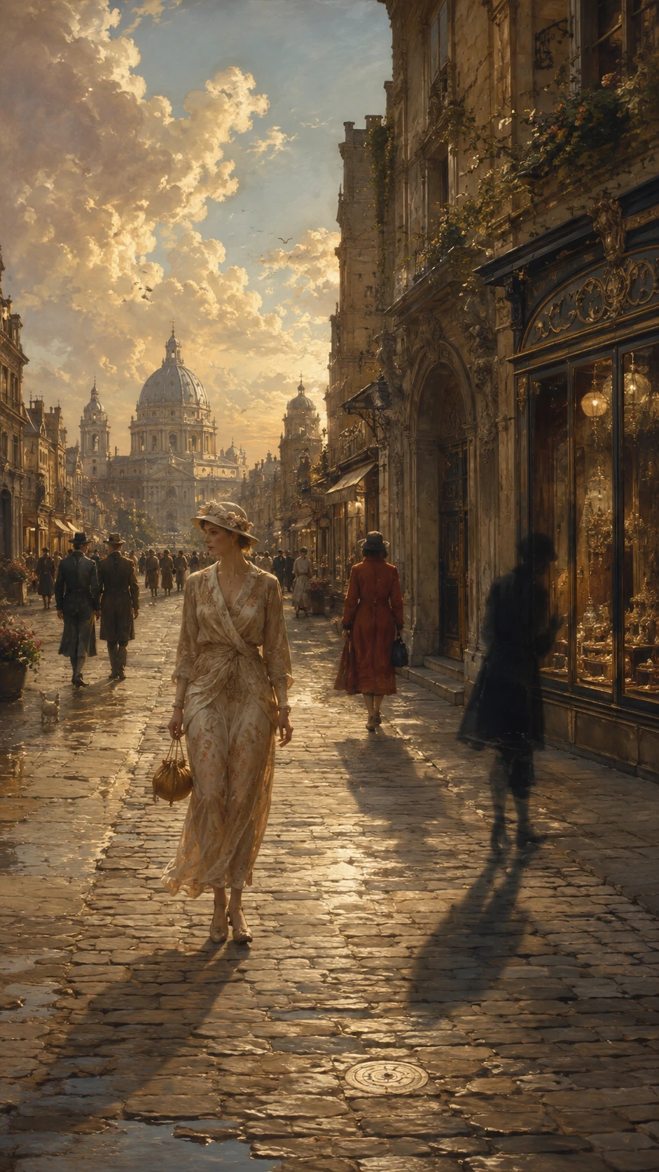 Elegant woman walking alone on a sunlit European street