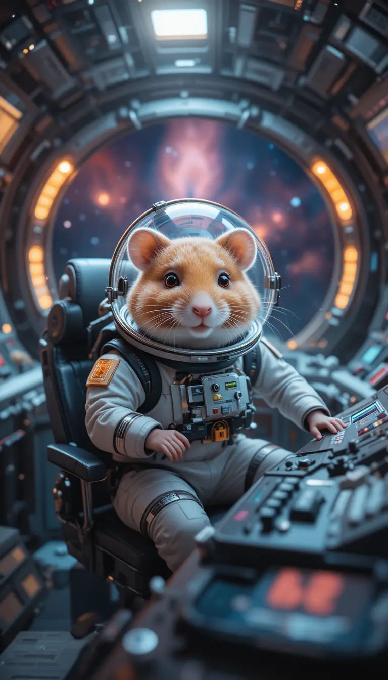 Cute hamster captain in a sci fi spacesuit at controls