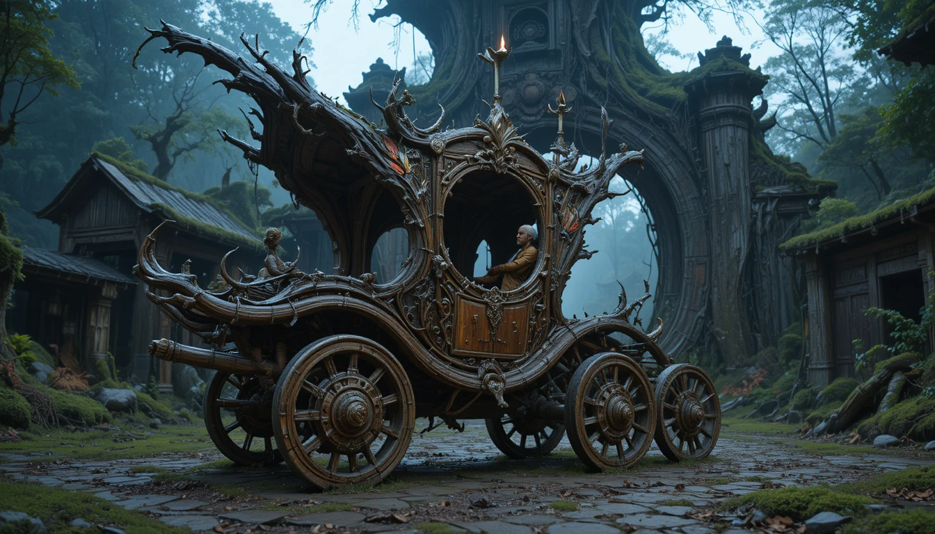 Carro di radici fantasy davanti a un colossale portale dell’albero del mondo