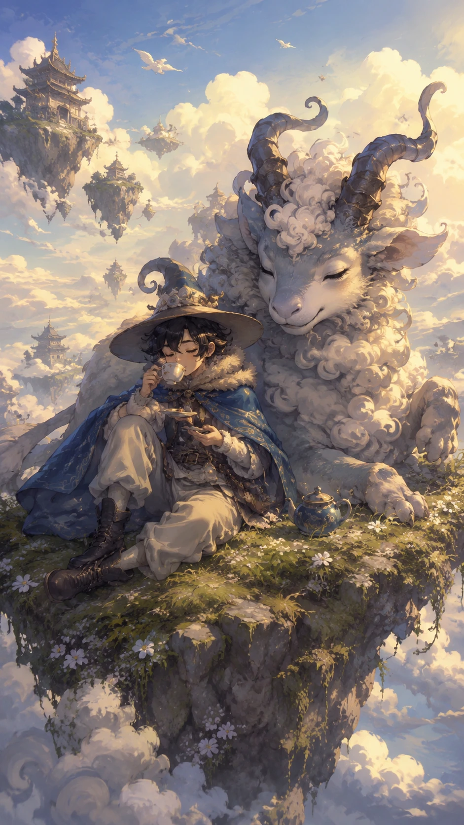 Cloud shepherd resting with a gentle sky dragon companion