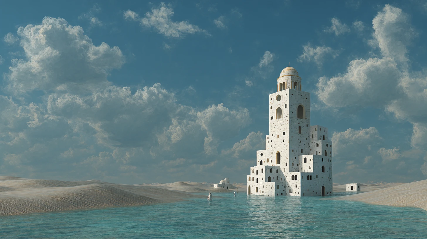 Surreal Vision Of The Drowned Library Of Atlantis At Night