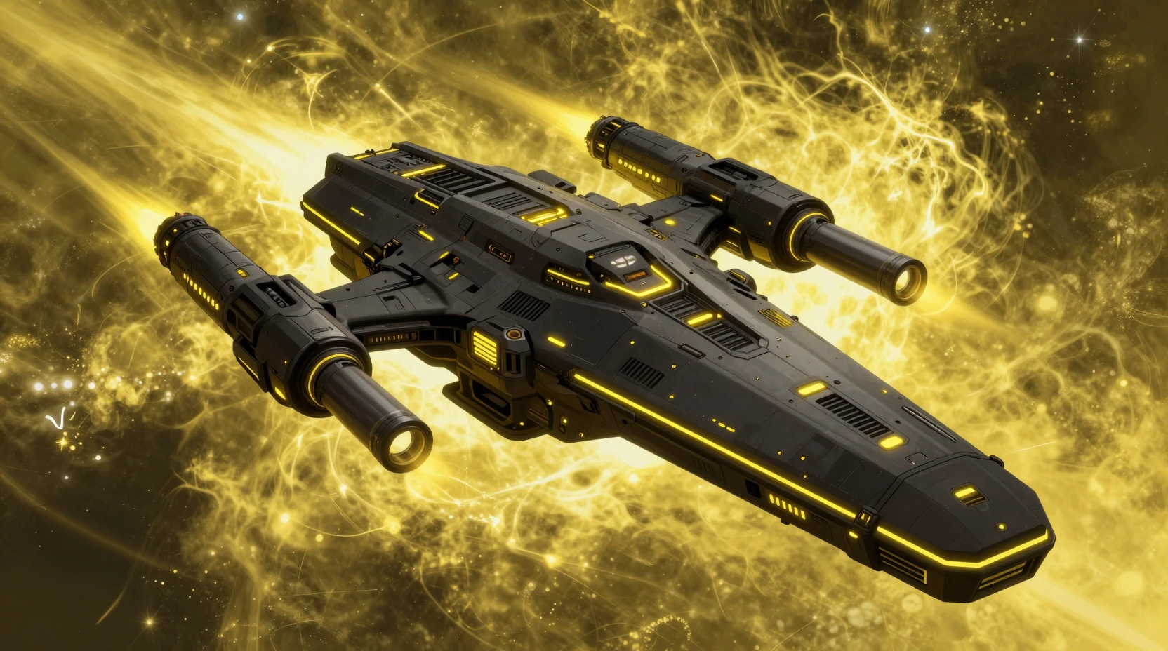 Massive sci fi star cruiser in glowing yellow space