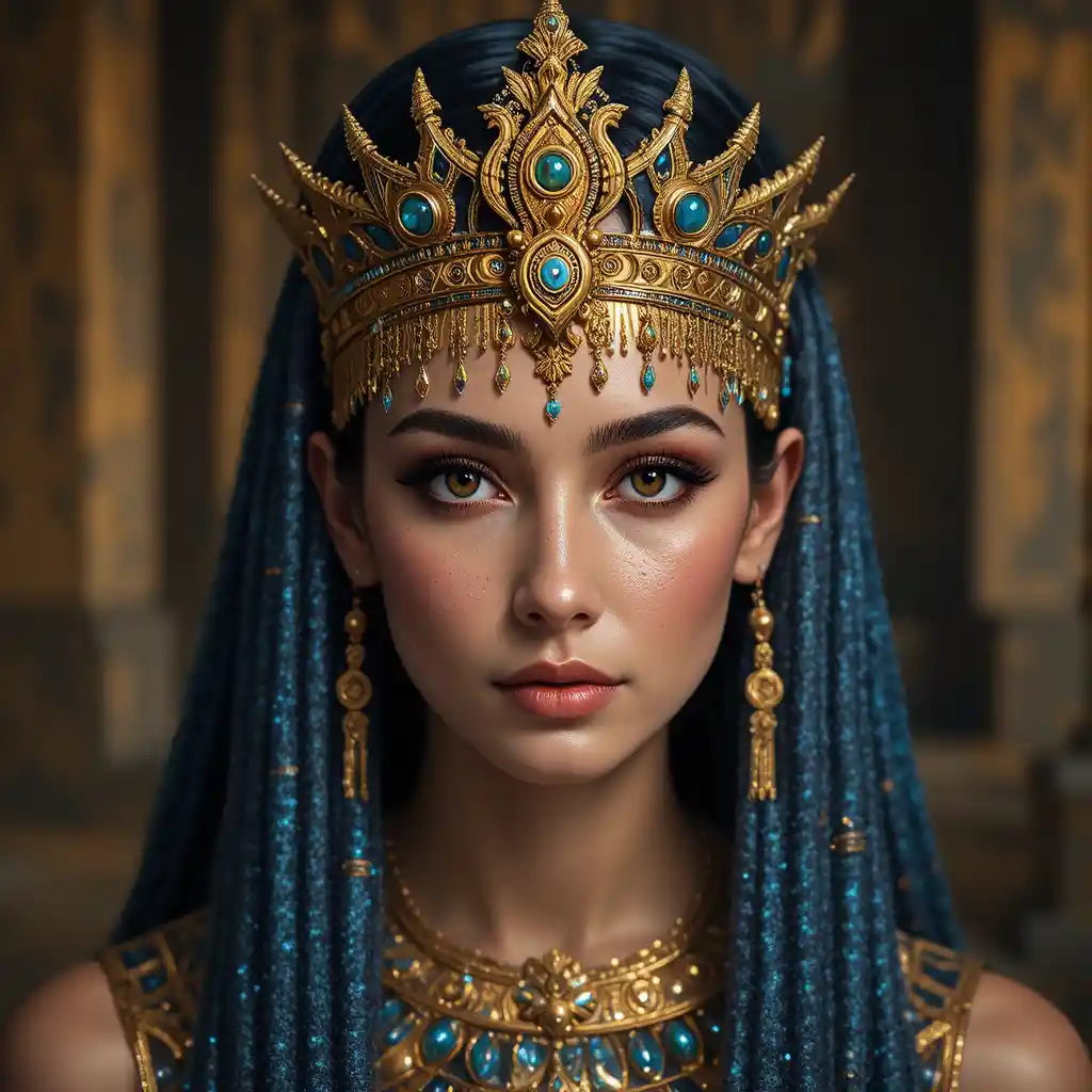 Elegant ancient Egyptian queen with golden crown and signature