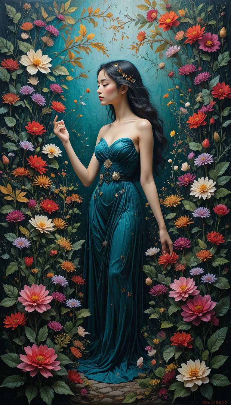 Contemporary semi figurative woman surrounded by rustic flowers