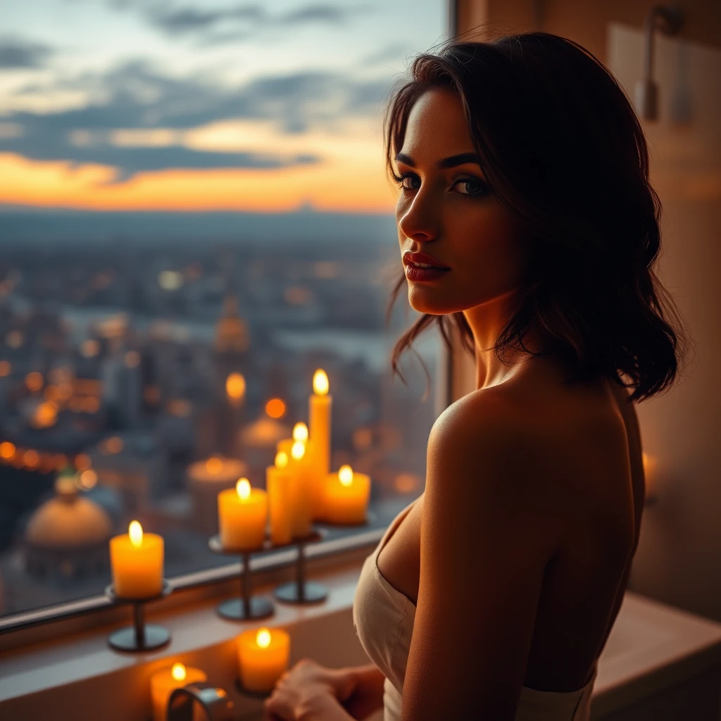 Serene woman in candlelit bathroom with city view
