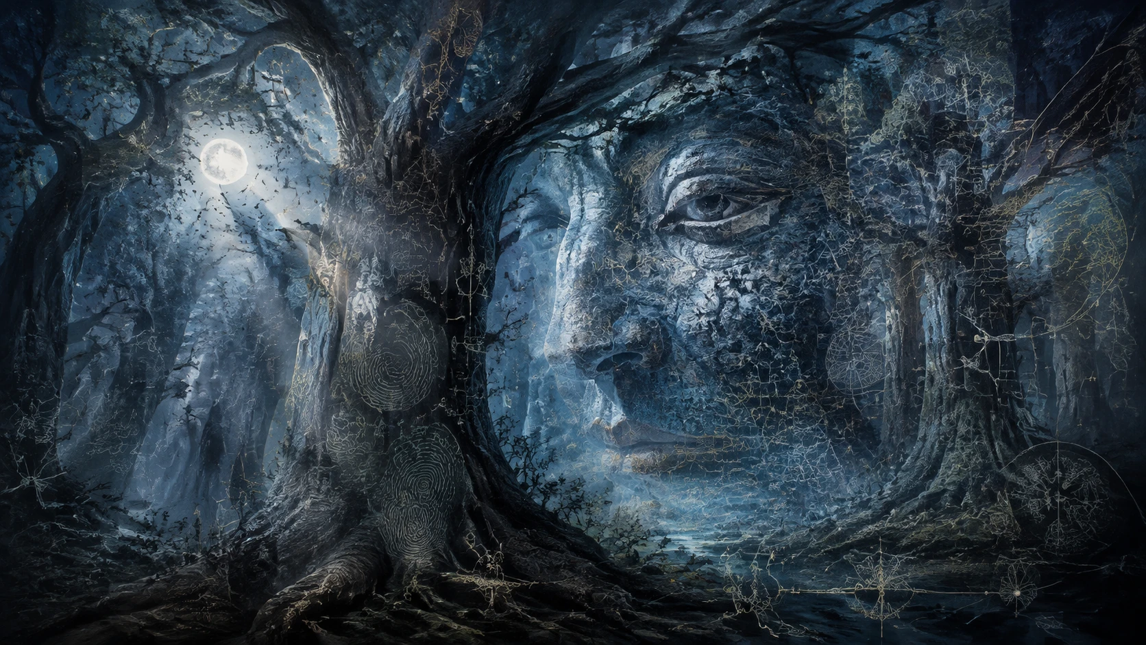 Ancient Trees Forming A Guardian Face In Moonlit Forest
