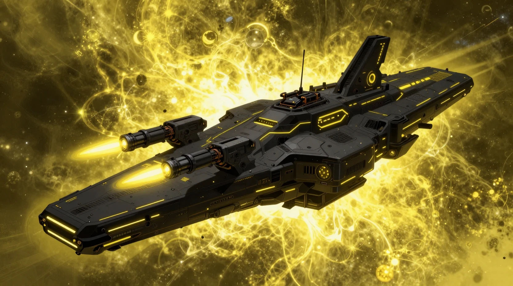 Colossal Sci Fi Warship Glowing In Stormy Yellow Space