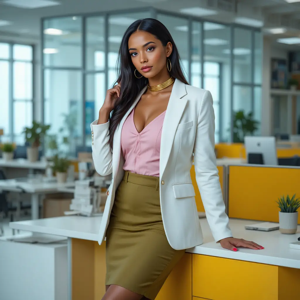 Confident woman in white blazer leaning on modern office desk