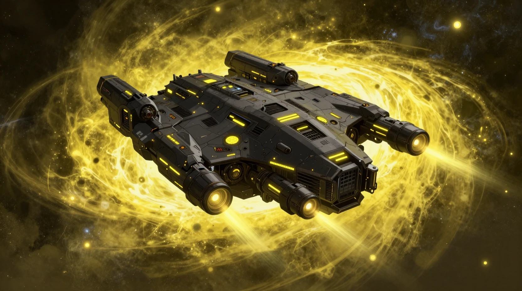 Massive sci fi spaceship sailing through glowing yellow space